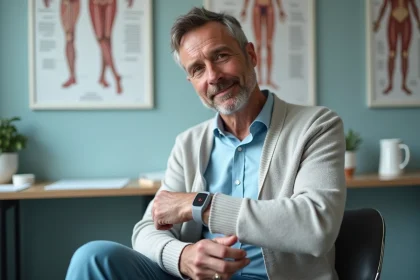 Homme d'&acirc;ge moyen en consultation m&eacute;dicale avec bracelet discret