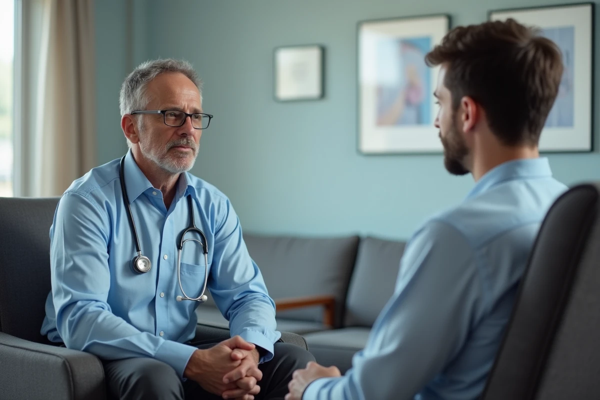 Medecin et jeune homme discutent dans une salle d