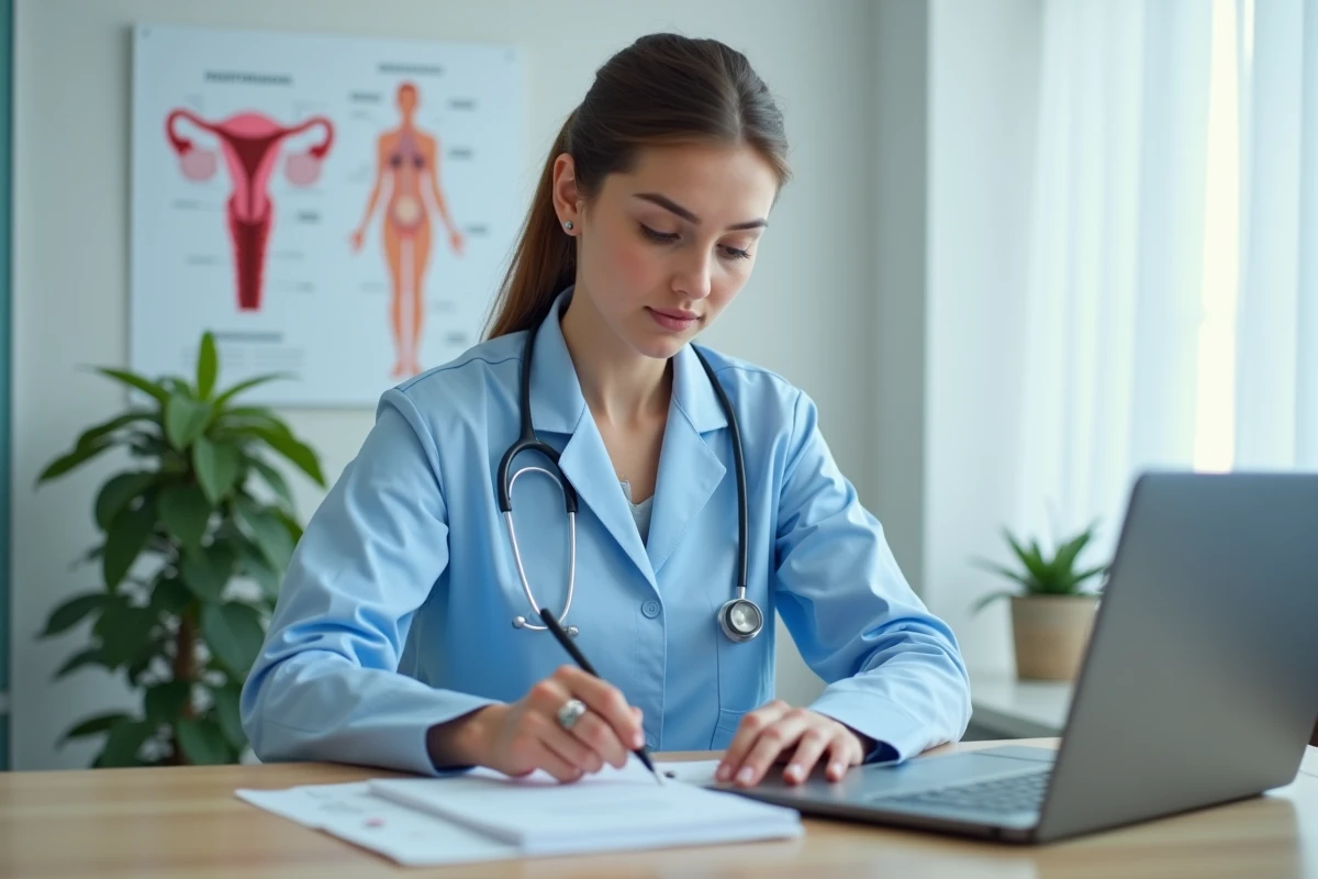 Docteur en blouse bleue examinant un dossier dans un cabinet moderne