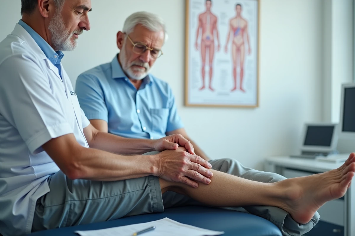 Médecin examinant la cheville et la jambe enflée d'un patient âgé lors d'une consultation médicale pour œdème