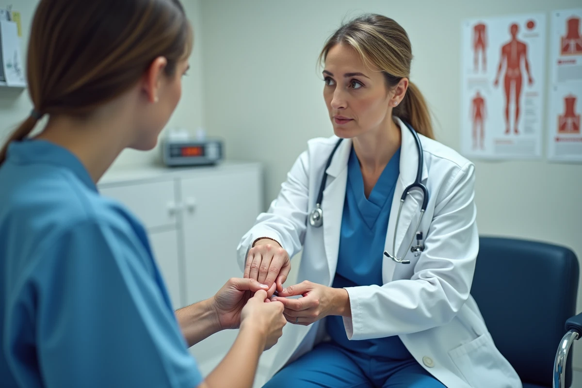 Médecin examinant le bras d'un patient dans une salle de consultation médicale pour évaluer des fourmillements neurologiques