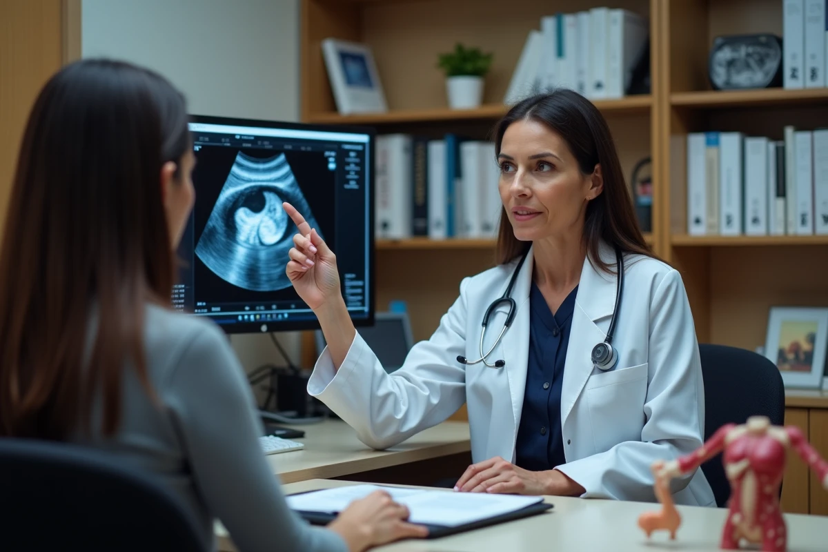 Gynécologue expliquant les résultats d'une échographie à sa patiente pour diagnostiquer un kyste ovarien