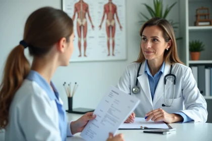 M&eacute;decin femme expliquant r&eacute;sultats &agrave; un patient en consultation