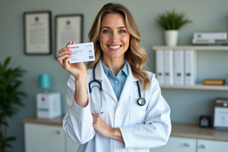 Médecin femme souriante avec carte professionnelle en cabinet