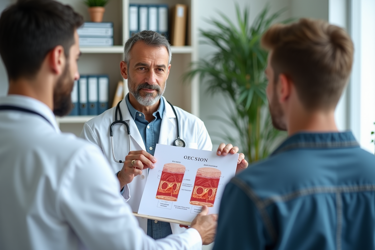 Medecin expliquant un diagramme de la peau avec plaques rouges