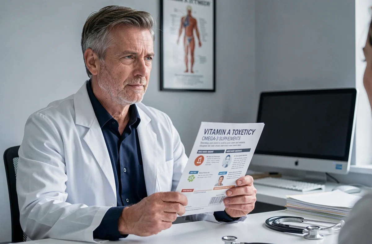 Médecin généraliste tenant un document informatif sur les risques d'une cure longue durée d'huile de foie de morue