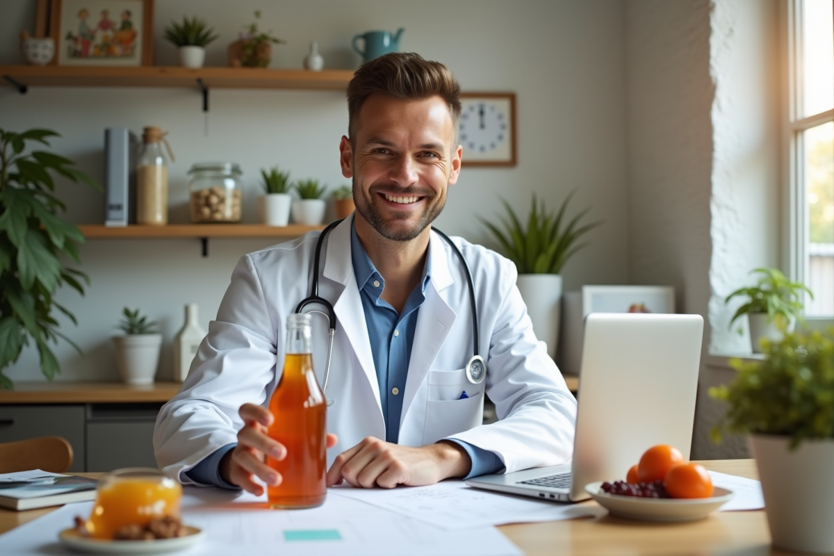 Médecin souriant tenant une bouteille de kombucha dans un cabinet
