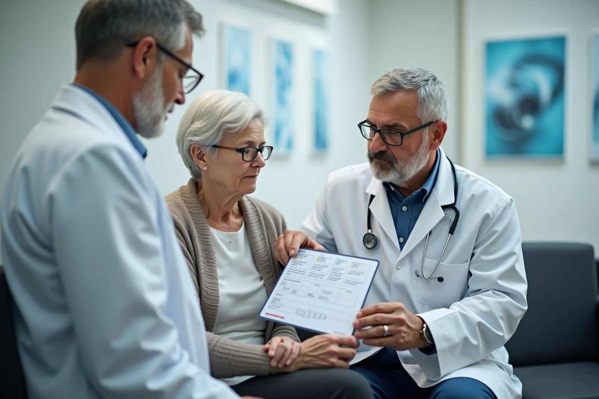 Medecin expliquant un graphique de pression a une femme agee