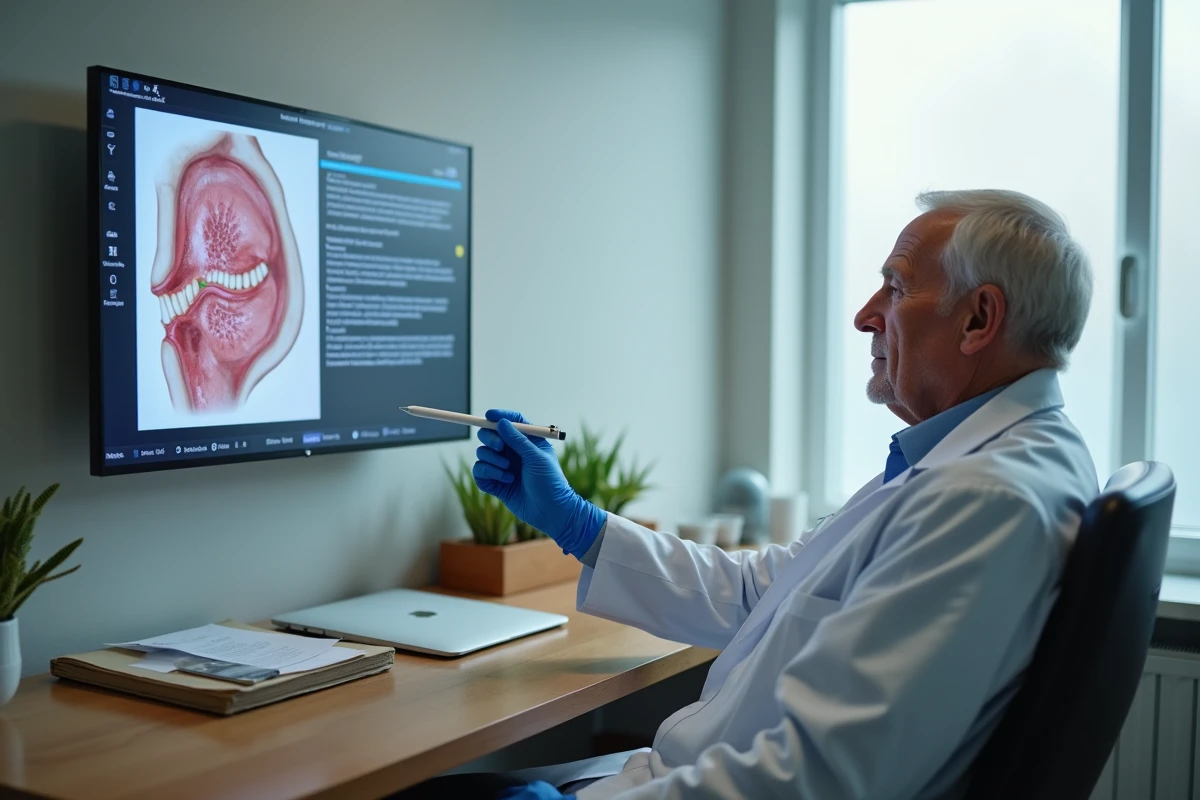 Médecin oncologue expliquant le diagnostic du cancer de la langue à l'aide d'un schéma anatomique