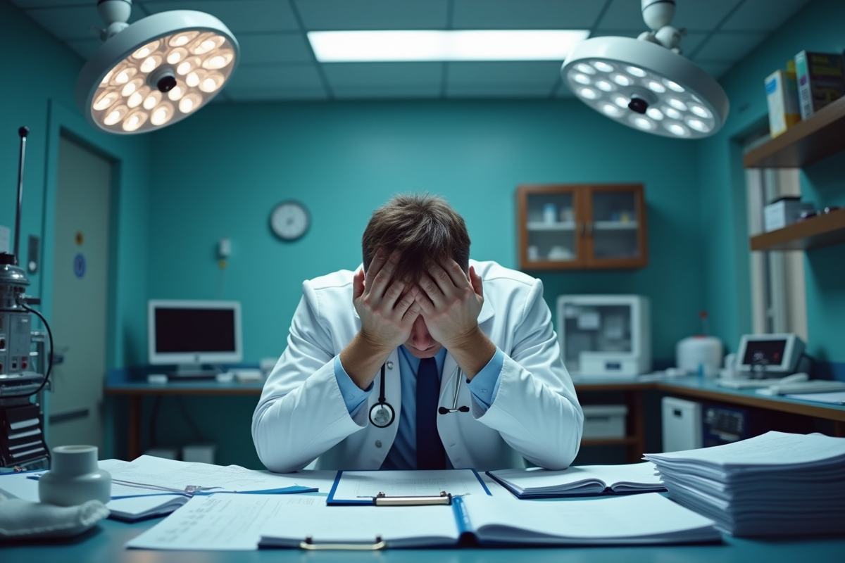 Medecin d urgence stressé avec stethoscope et dossiers