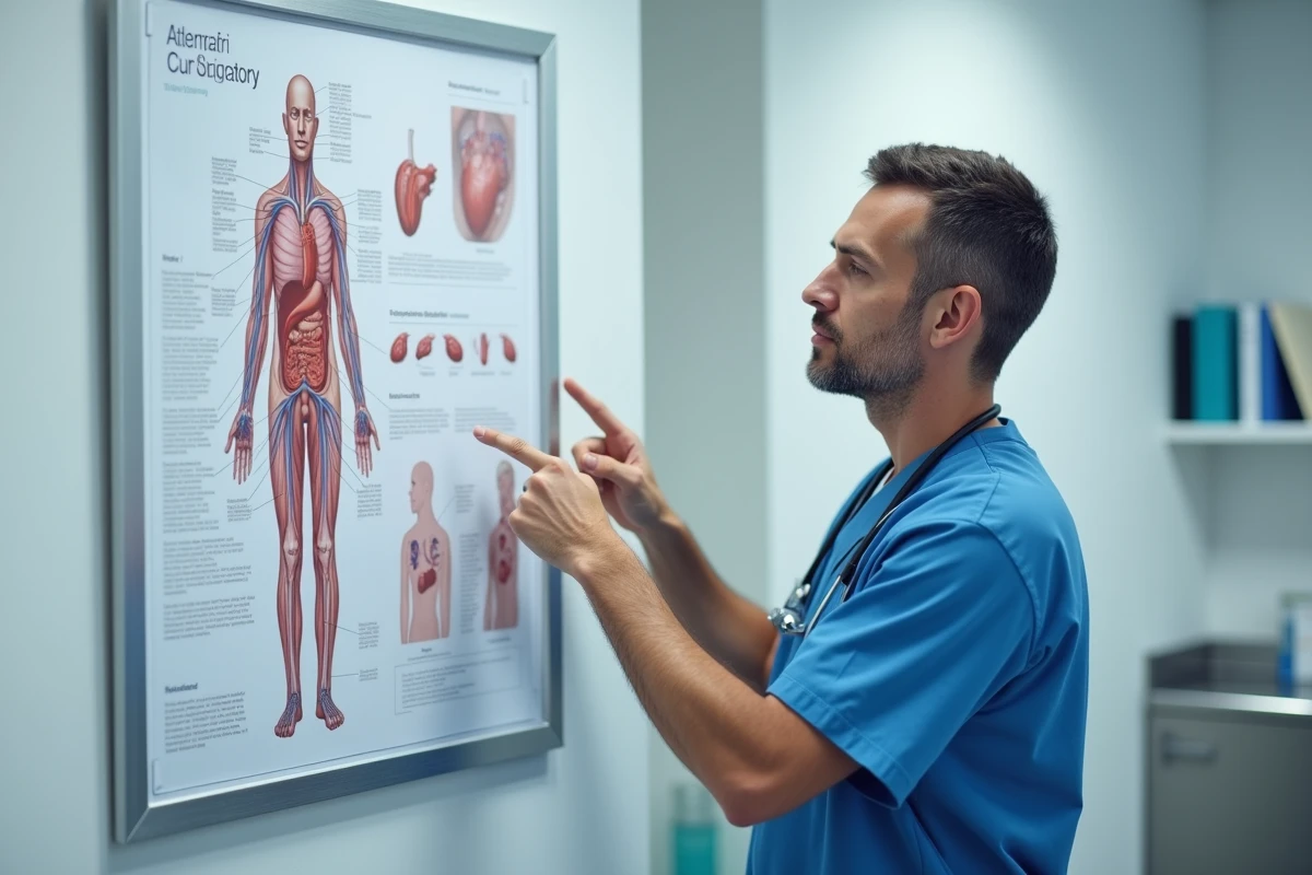 Médecin examinant un schéma du système circulatoire humain dans un cabinet médical moderne