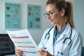 Medecin femme en blouse blanche examine un calendrier vaccination covid