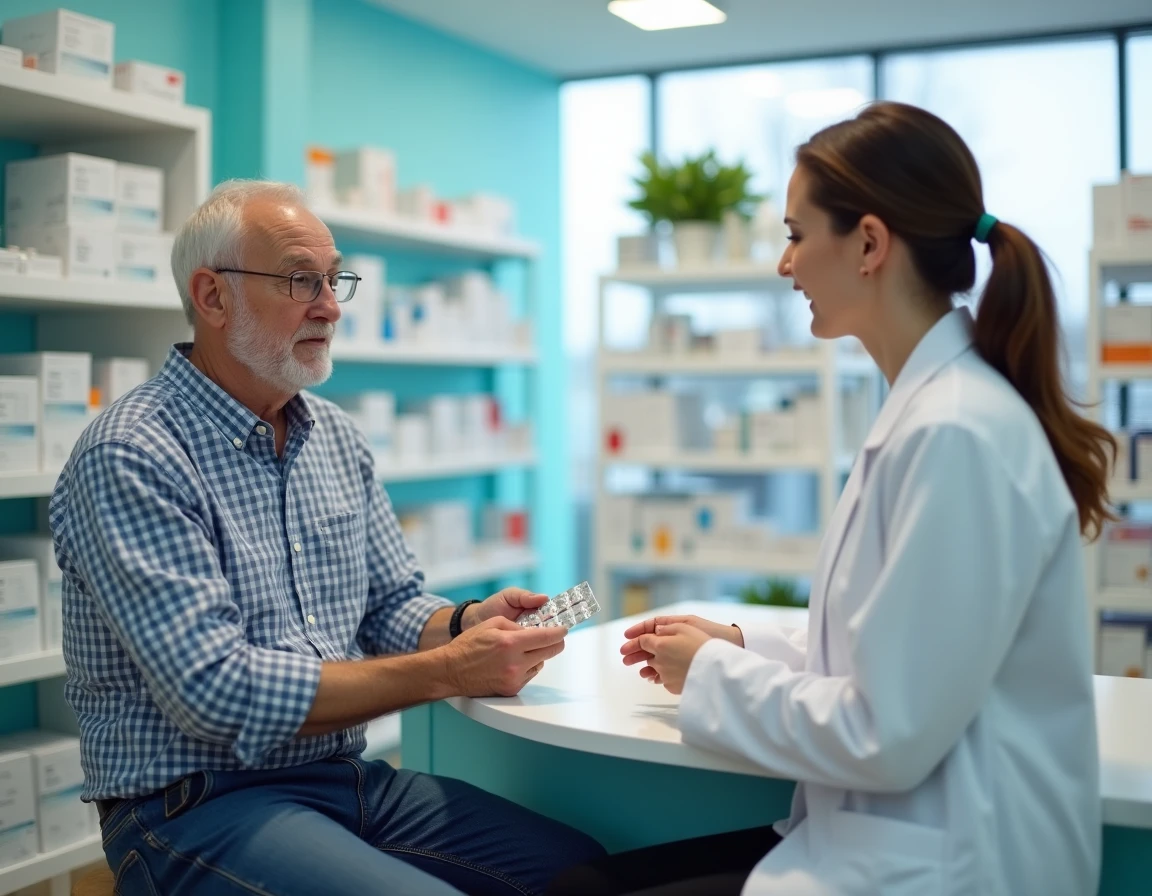 Patient en pharmacie recevant des conseils m&eacute;dicamenteux pour traiter les paresth&eacute;sies et fourmillements aux mains