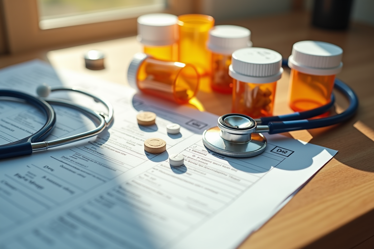 Assortiment de médicaments et papiers de santé sur une table