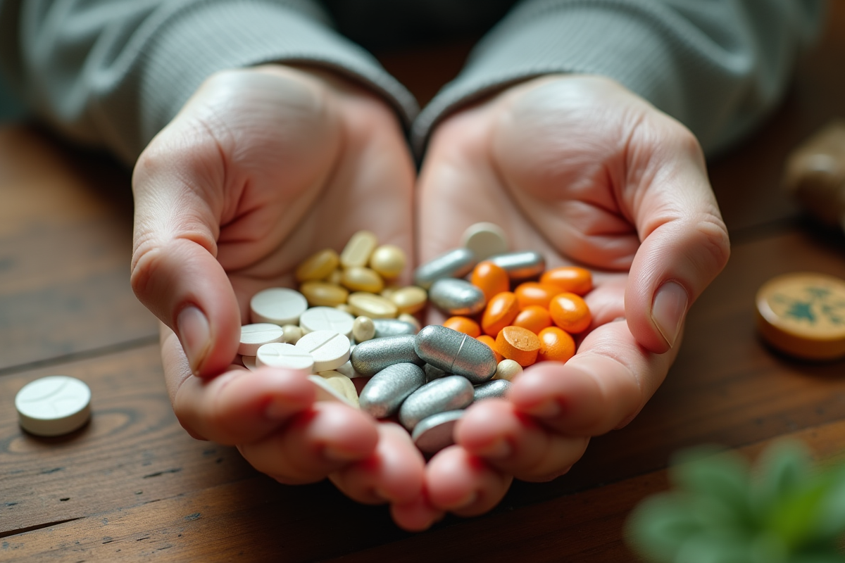 Mains tenant médicaments modernes et remèdes naturels