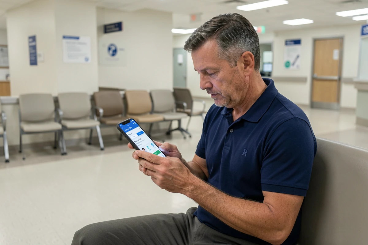 Homme connecté au portail Medisys sur mobile dans une salle d'attente hospitalière