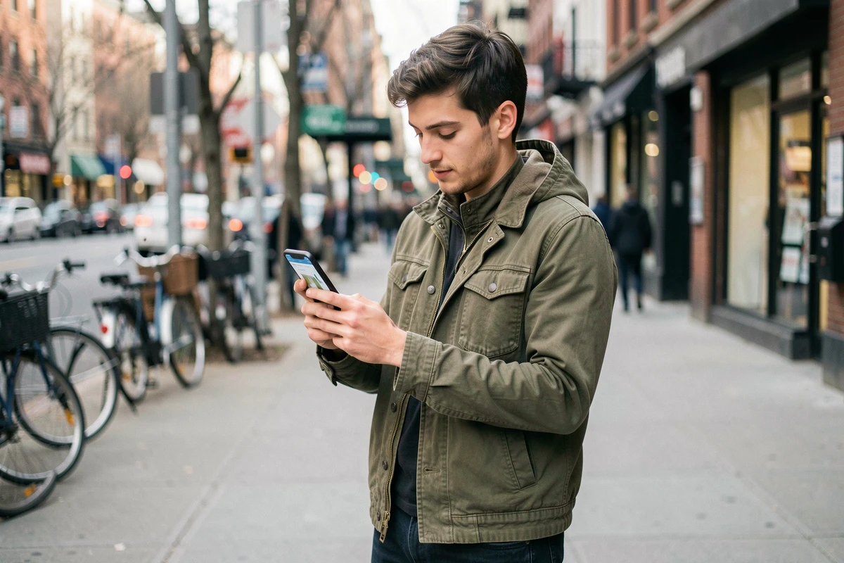 Jeune homme gérant son compte Medisys en mobilité dans un environnement urbain