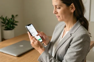 Femme utilisant l'application Medisys sur son smartphone depuis son bureau à domicile
