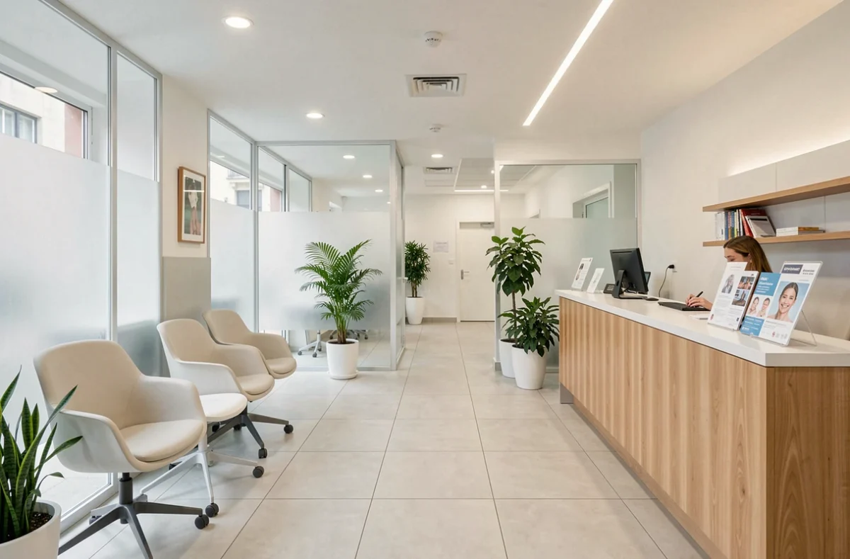 Vue panoramique d'un centre dentaire moderne en Haute-Garonne avec une salle d'attente accueillante