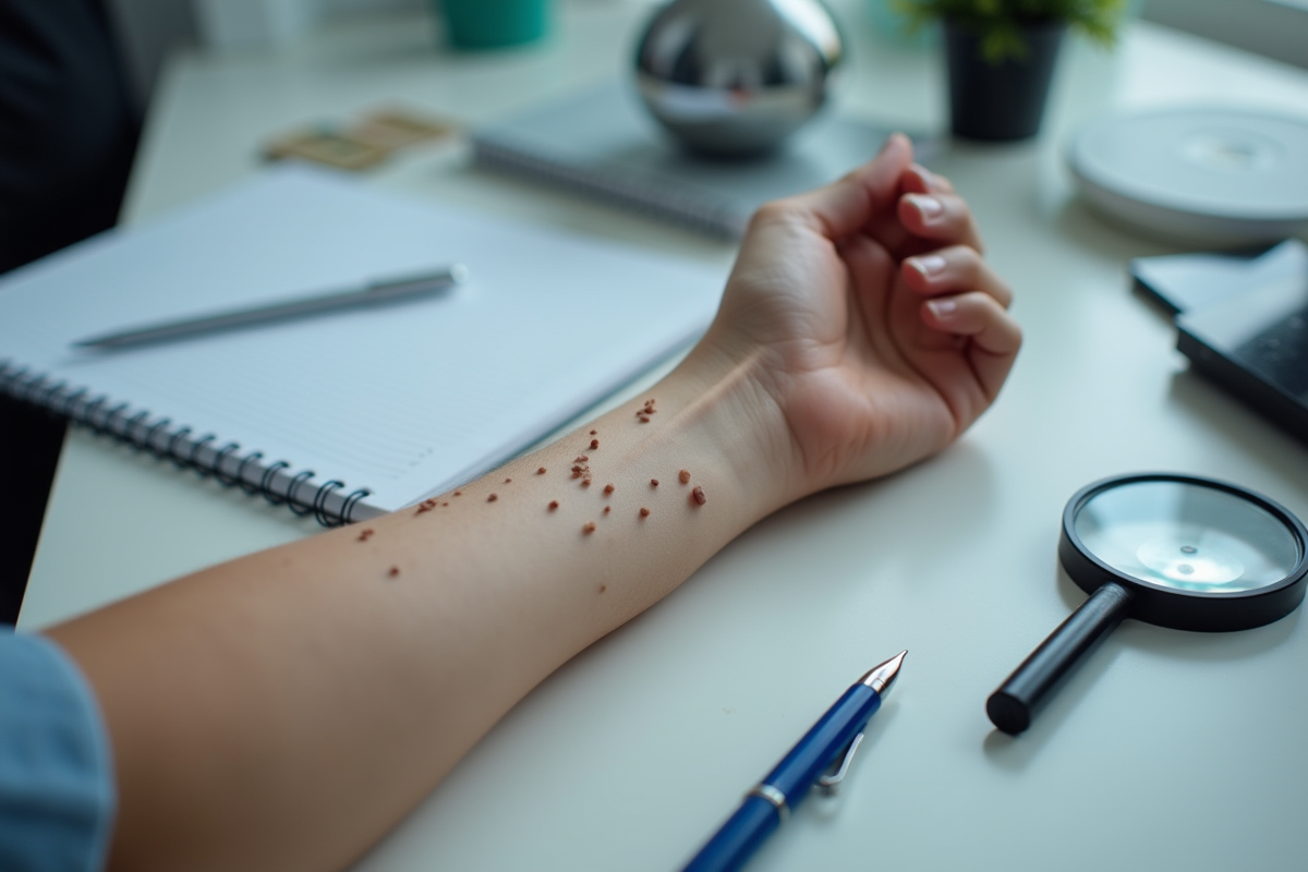 Zoom sur un avant-bras avec plusieurs moles et objets scientifiques