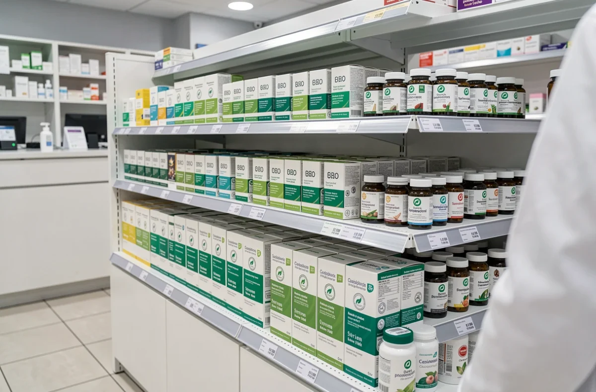 Rayonnage de pharmacie présentant la large gamme de compléments alimentaires bio Nat&Form avec logos certifiés bio et manchette de blouse blanche, illustrant une distribution en pharmacie et en ligne.