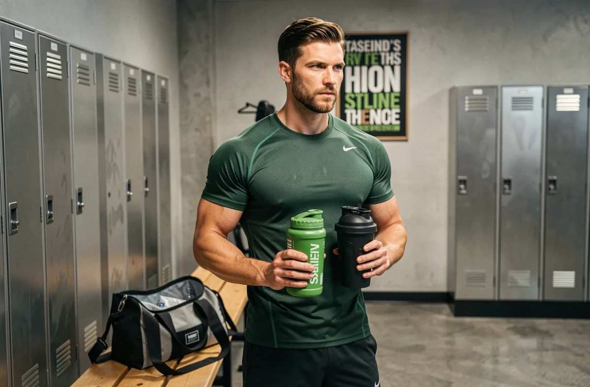 Homme sportif tenant un flacon de compléments alimentaires bio Natura Force et un shaker dans un vestiaire de salle de sport, illustrant une gamme bio orientée sport et vitalité.