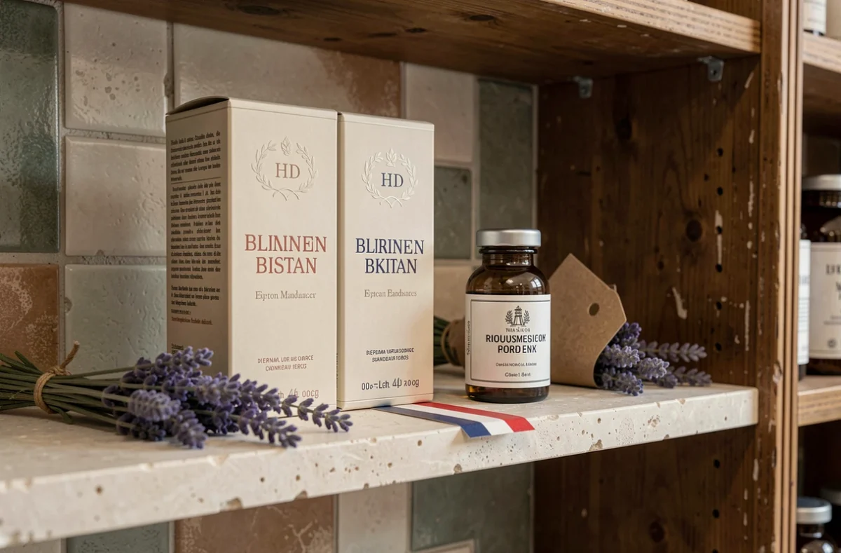 Boîtes et flacon de compléments alimentaires bio Novoma avec lavande séchée sur une étagère en bois style apothicaire, mettant en valeur cette marque française au catalogue ciblé.