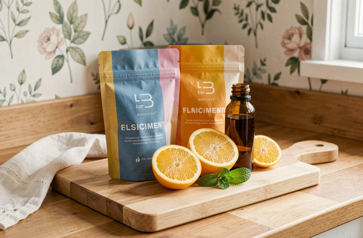 Sachets et flacon de compléments alimentaires bio Nutri&Co posés sur une planche en bois avec tranches d'agrumes et menthe fraîche, traduisant une approche bio accessible et bien formulée.
