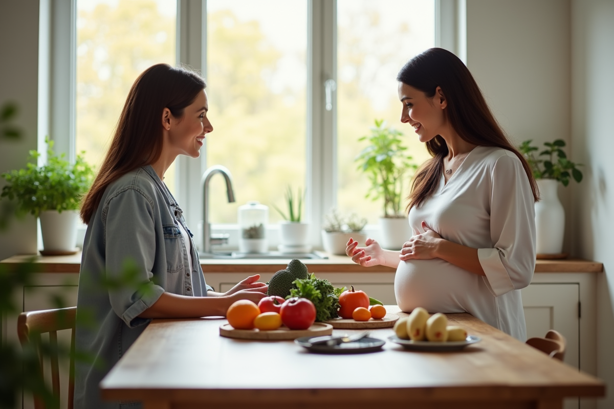 Consultation entre nutritionniste et femme enceinte autour de fruits frais