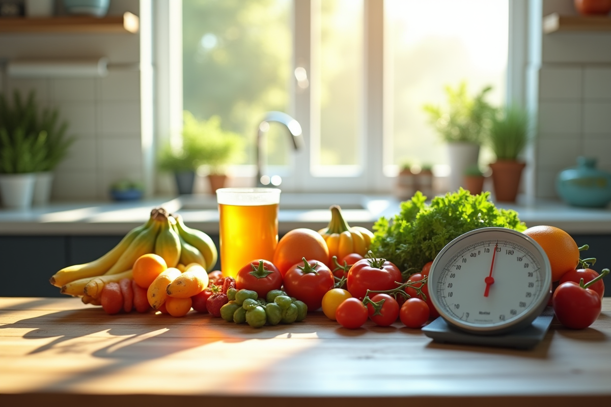Nutritionniste présentant fruits et légumes sur un comptoir lumineux