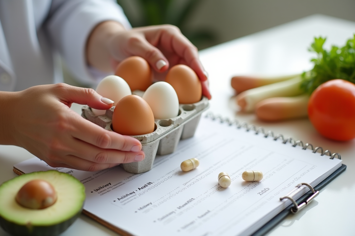 Nutritionniste range des œufs dans un organisateur hebdomadaire