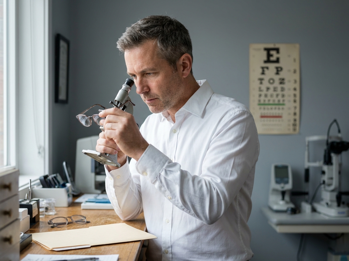 Opticien professionnel inspectant des verres correcteurs avec un lensomètre en cabinet d'optique