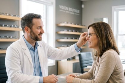 Opticien professionnel en blouse blanche ajustant des lunettes pour une cliente dans une boutique d'optique moderne