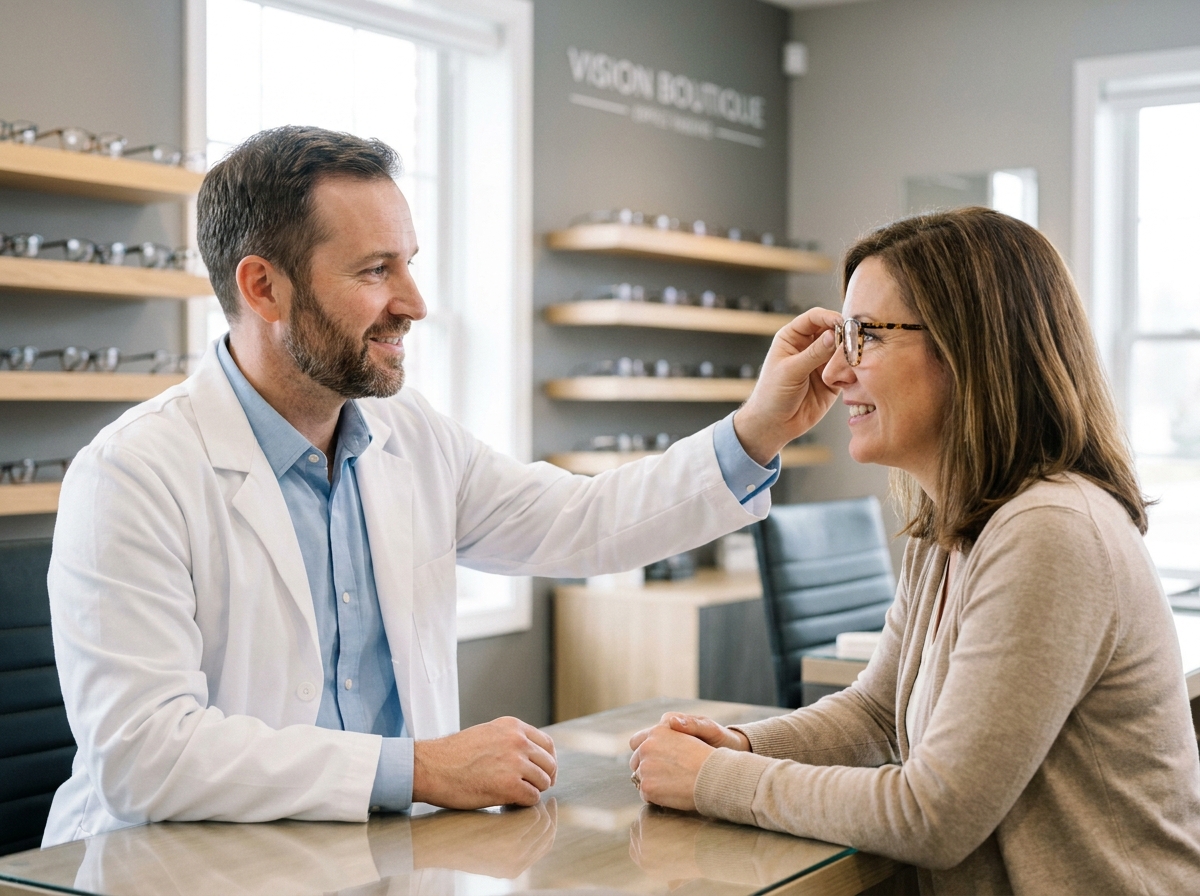 Opticien professionnel en blouse blanche ajustant des lunettes pour une cliente dans une boutique d'optique moderne