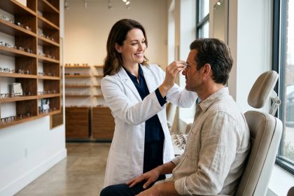 Opticienne ajustant des lunettes sur un client dans une boutique d'optique moderne et professionnelle