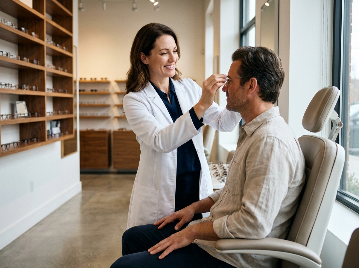 Opticienne ajustant des lunettes sur un client dans une boutique d'optique moderne et professionnelle