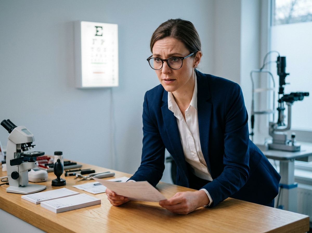 Optométriste femme examinant une ordonnance dans une salle de consultation d'optique professionnelle