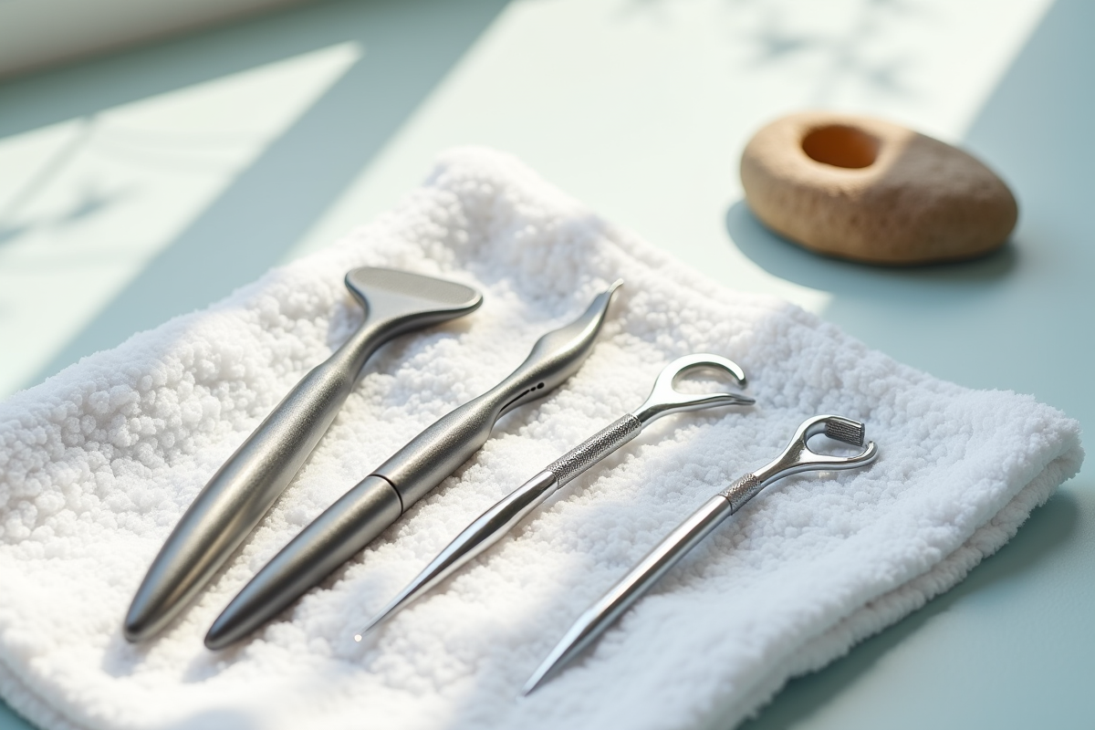 Outils dermatologiques disposés sur une serviette blanche avec un comédon extrait