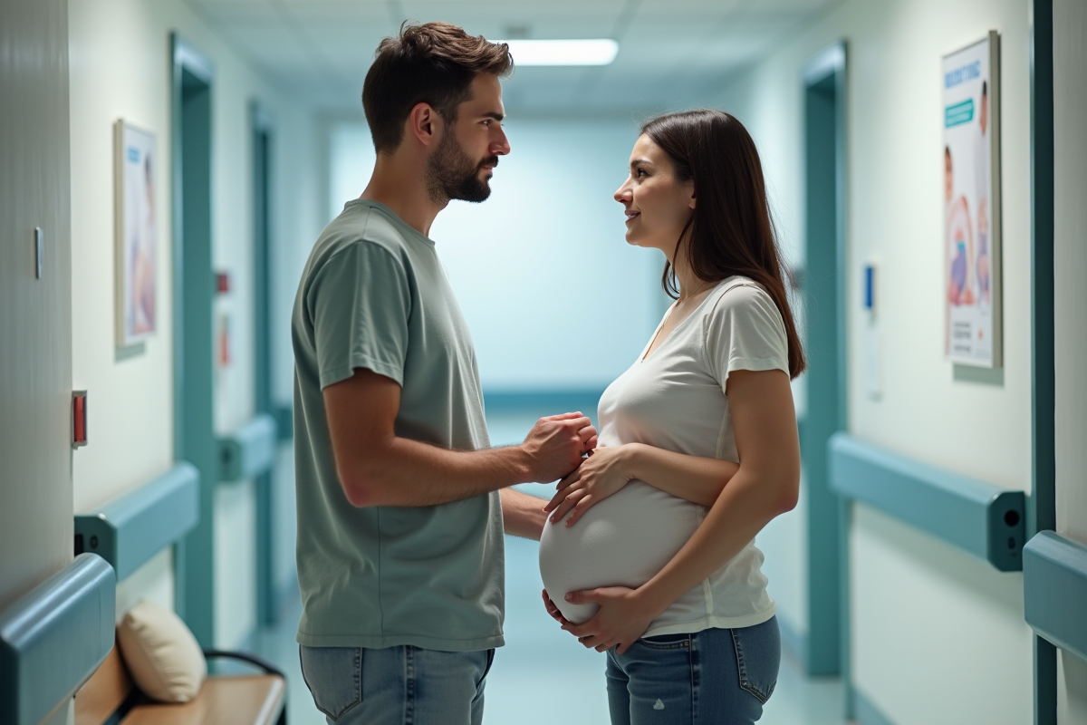 Futur père avec sa partenaire enceinte dans un couloir d