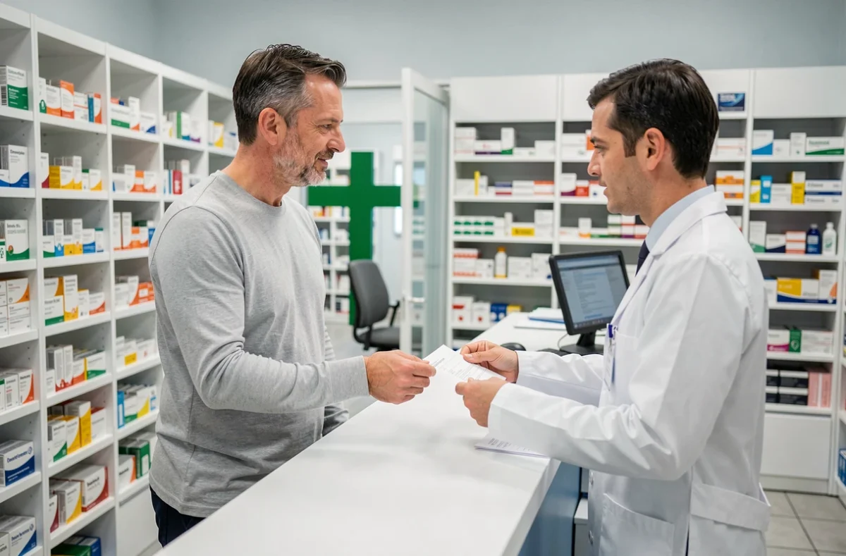 Patient récupérant une ordonnance en pharmacie dans le cadre du parcours de soins pour une maladie longue durée