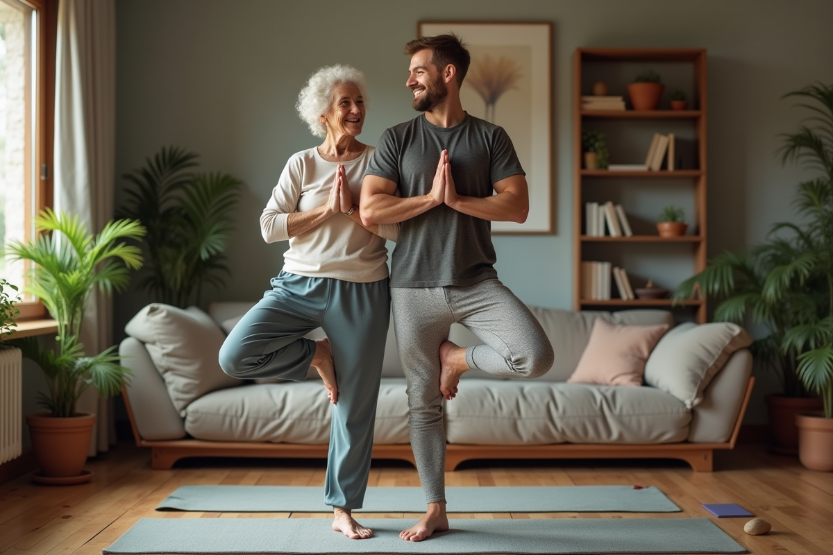 Jeune homme et femme âgée faisant yoga en intérieur