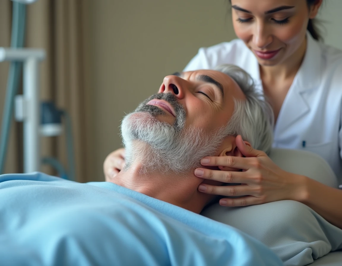 Patient homme allongé sur une table de kinésithérapie recevant un traitement pour douleur du nerf trijumeau dans une clinique de rééducation
