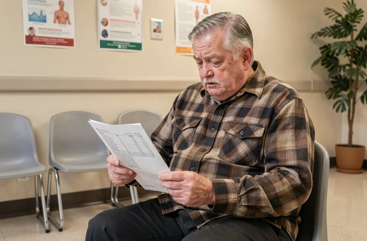 Patient âgé lisant son compte-rendu d'IRM cérébrale dans une salle d'attente hospitalière après découverte fortuite d'une leucopathie vasculaire
