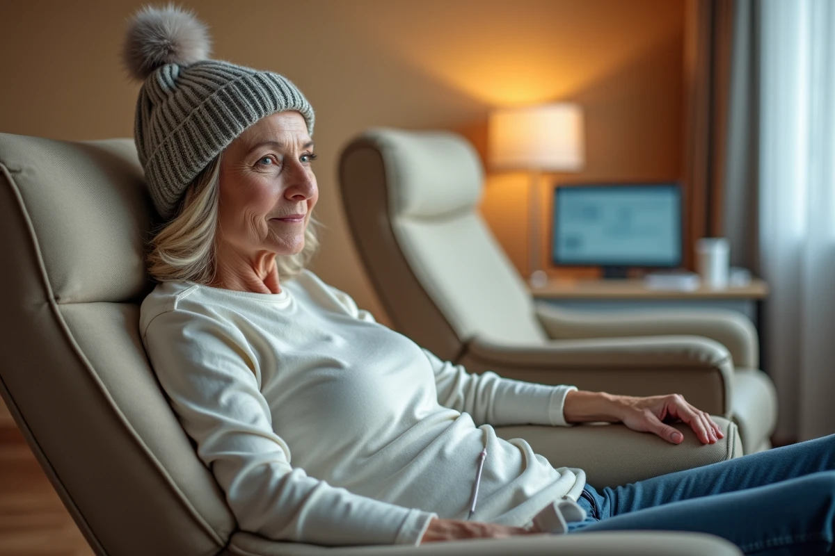 Patiente atteinte d'un cancer recevant un traitement par perfusion en centre d'oncologie, symbolisant l'impact des chimioth&eacute;rapies sur les param&egrave;tres sanguins comme la TCMH