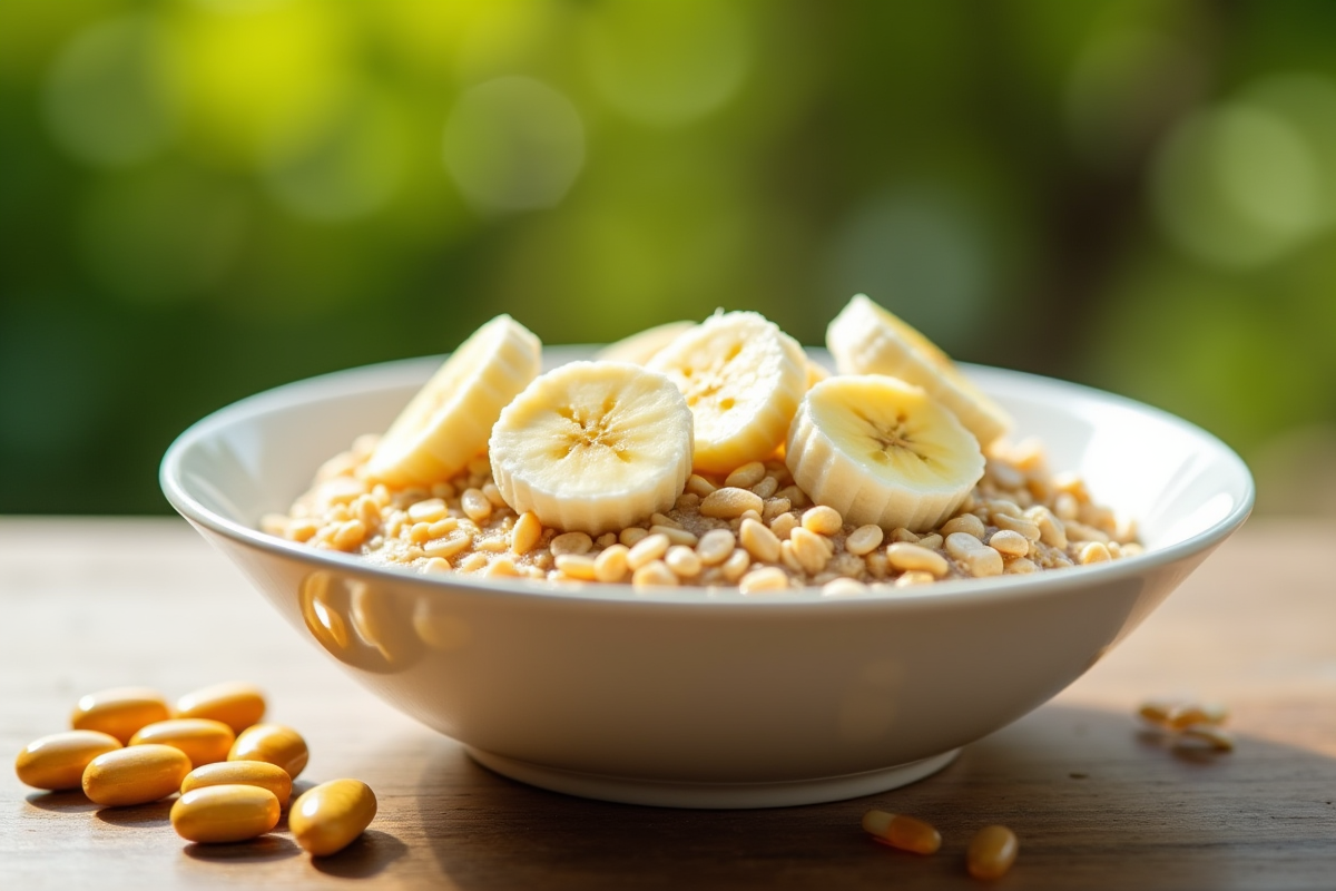 Bol de petit déjeuner avec bananes tranchées et capsules de vitamines D