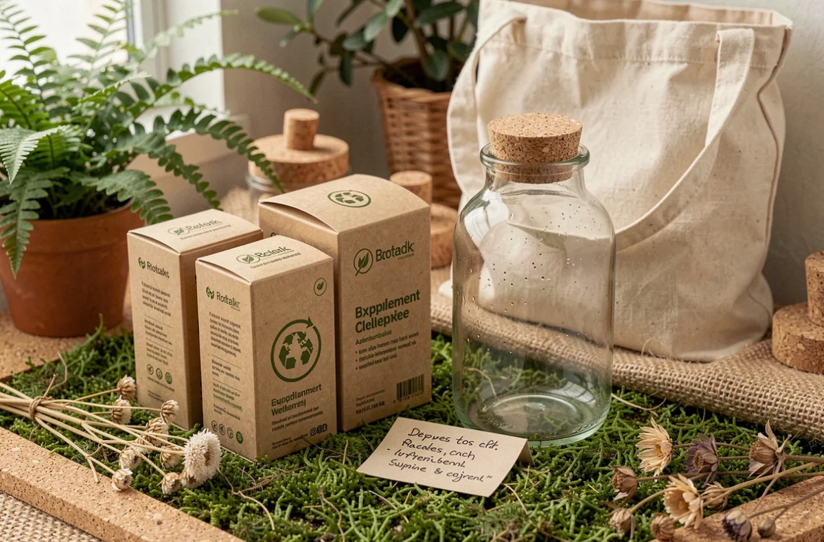 Boîtes en carton recyclé et flacon en verre de compléments alimentaires bio Phytoceutic posés sur mousse et liège avec botaniques séchées, illustrant une démarche écoresponsable et naturelle.