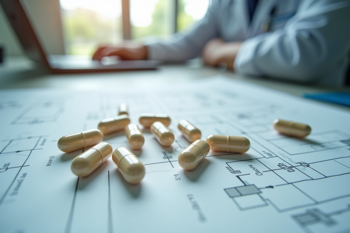 Pilules et capsules sur documents dans un espace lumineux
