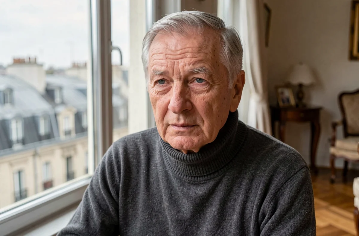 Portrait en gros plan d'un homme âgé pensif près d'une fenêtre avec vue sur les toits parisiens, illustrant un article de presse sur la santé de Roland Cayrol en 2026