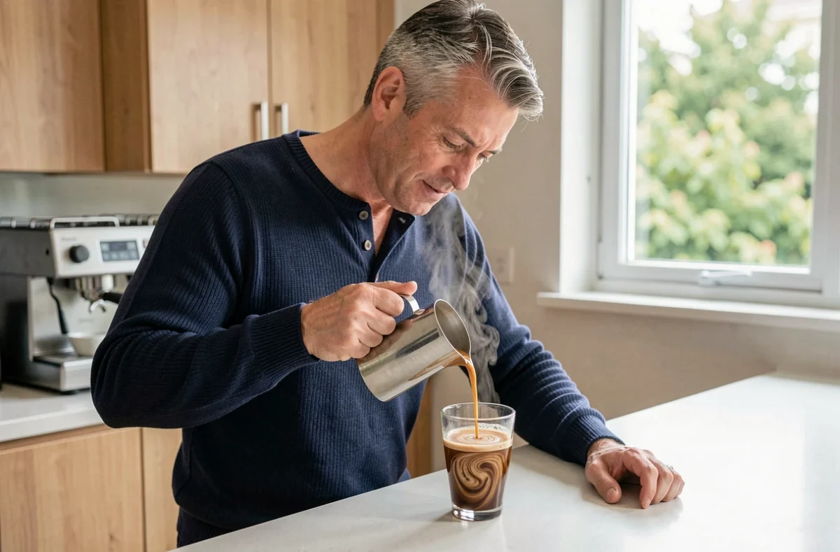 Homme versant du lait d'amande chaud dans un café espresso dans une cuisine moderne lumineuse