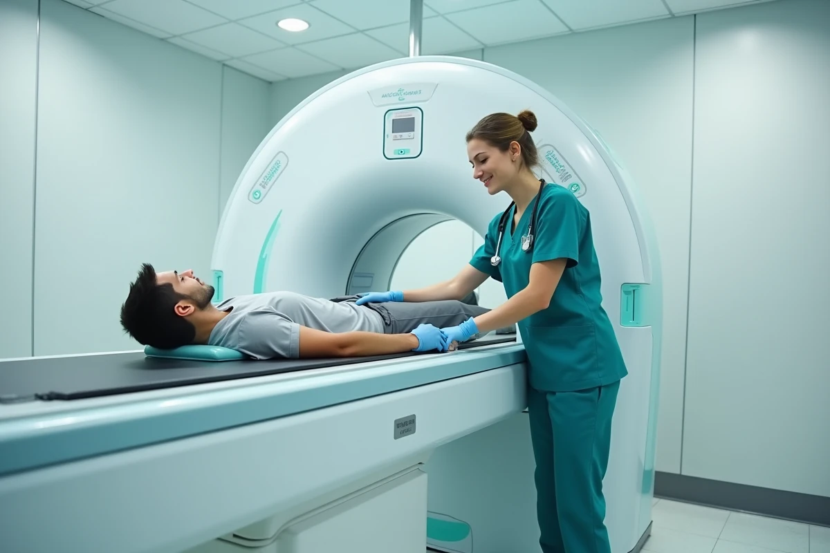Technicienne en médecine nucléaire préparant un patient pour un examen TEP scan dans une salle d'imagerie médicale